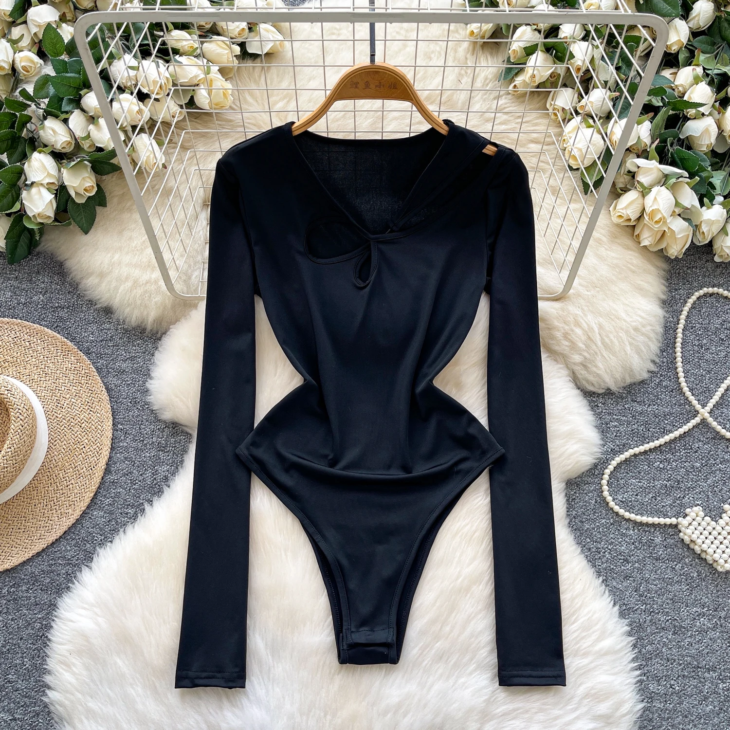 ملابس داخلية عتيقة بأكمام طويلة مفرغة مثيرة للخريف والشتاء ملابس نسائية عصرية رائعة