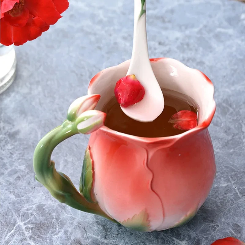 C2 Floral Ceramic Mugs Coffee Mug Creative Rose Flower Shape Teacups Pastoral 4 Colors Breakfast Milk Cups With Spoon Drinkware