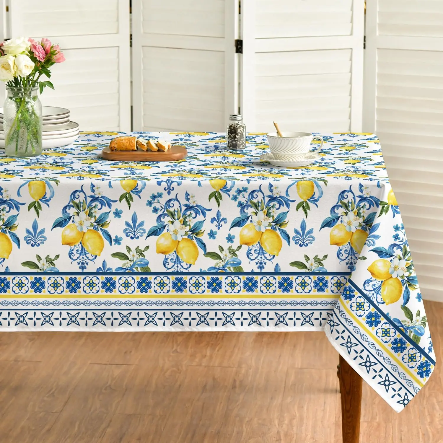 Summer Lemon Leaves Rectangle Tablecloth Holiday Party Decor Classical Iris Flower Printed Kitchen Dining Table Cloth Home Decor