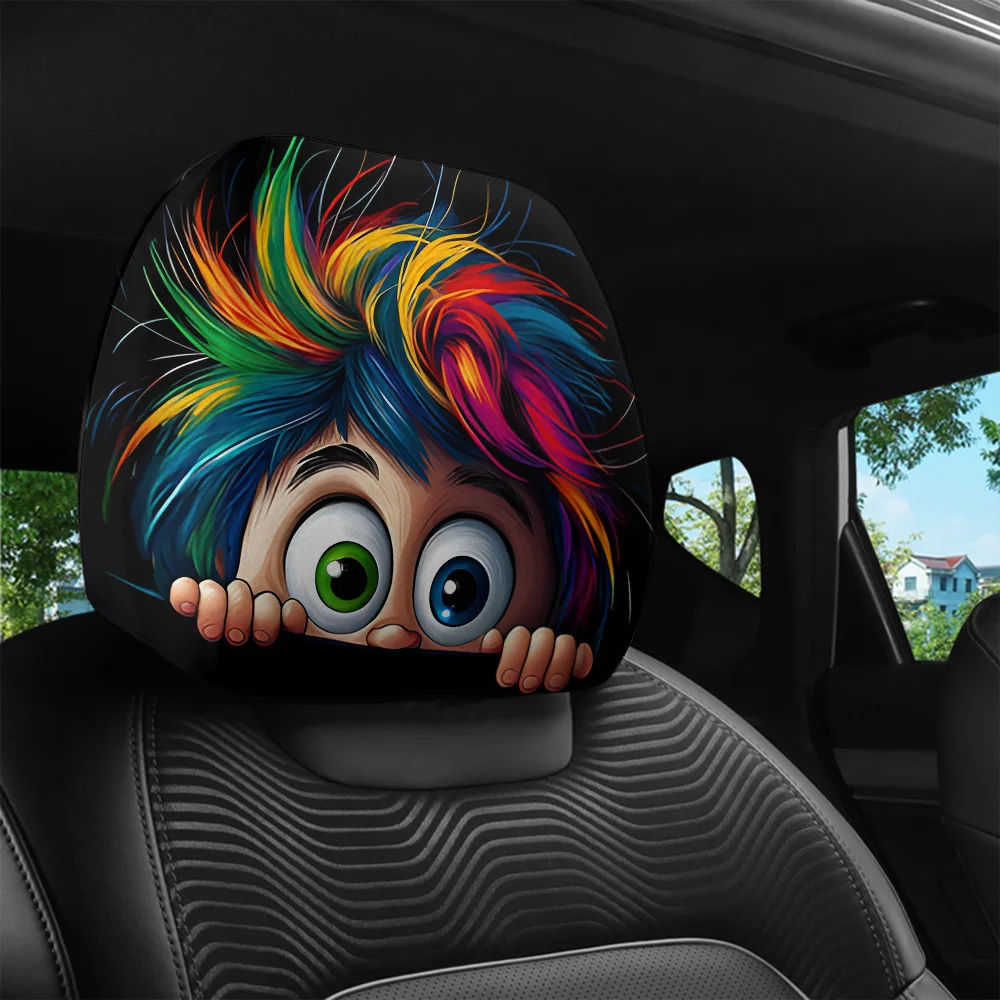 2Pcs Headrest Covers Car Funny 2Pcs Headrest Cover Funny Pack of 2 Colorful African Curly Hair Big Eyes Cute Fun Printed Car