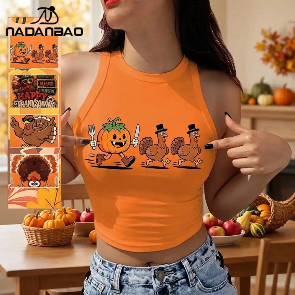 Nadanbao Cartoon Pumpkin Turkey Print Crop Top Thanksgiving Party Funny Tank Tops Summer Women Sleeveless Vest Orange Soft Tees