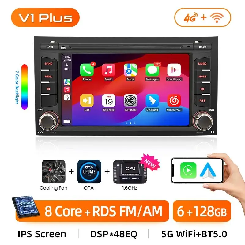 Junsun 7 inch autoradio voor Seat Leon MK3 5F 2012 2013 2014 - 2020 draadloze CarPlay Android Auto FM RDS DSP GPS Multimedia
