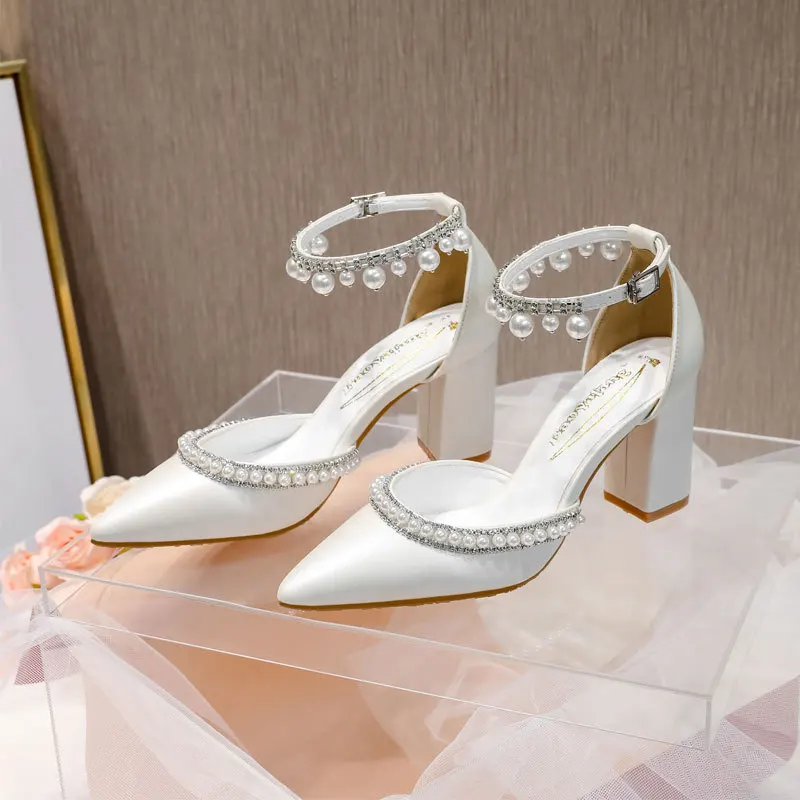 Women's White/Ivory White Pearls Embellished Ankle Strap Block Heel Pointed Toe Satin Pumps for Wedding Party Q-039