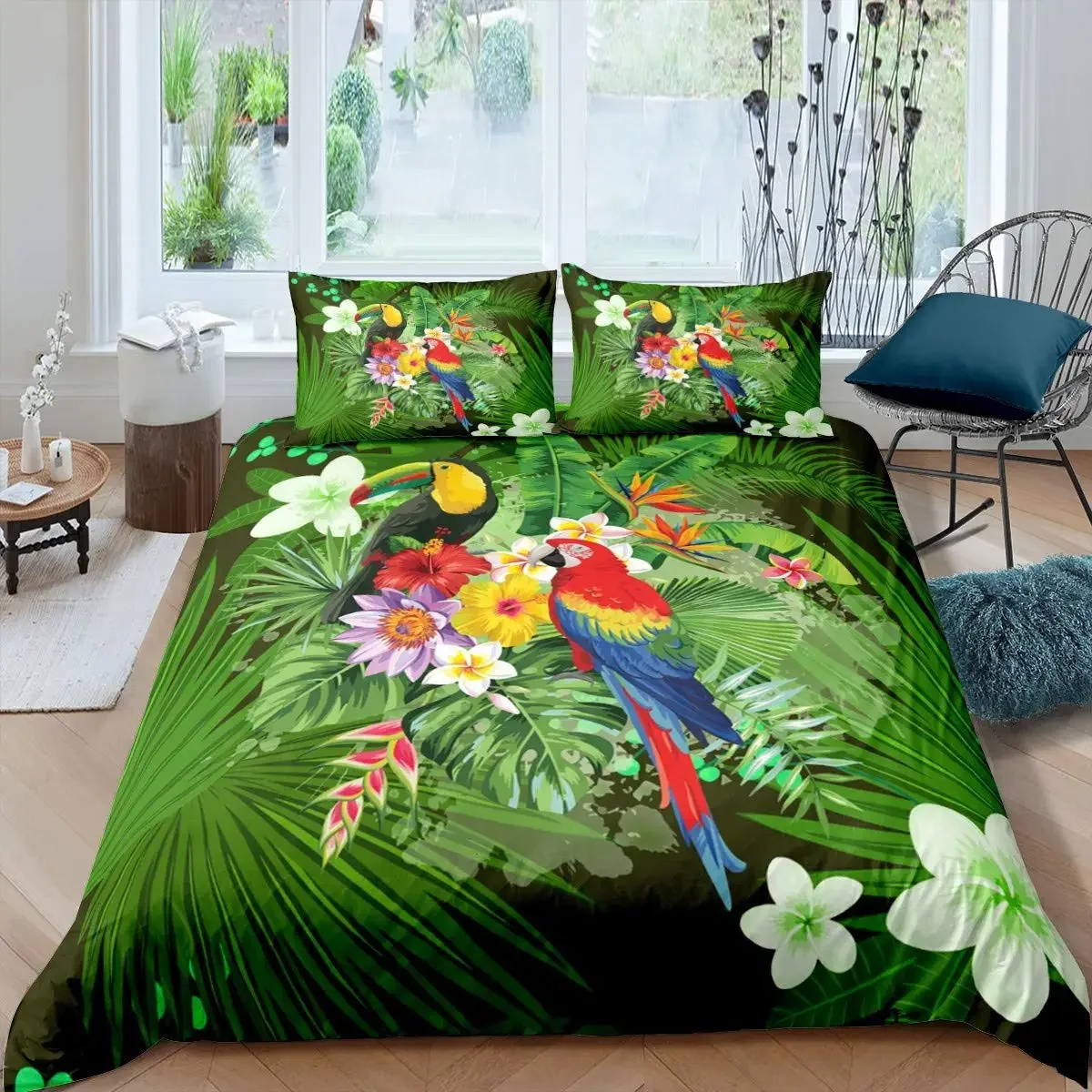 Toucan Flowers King Queen Duvet Cover Tropical Animal Plants Bedding Set Palm Leaves Bird Quilt Cover Polyester Comforter Cover