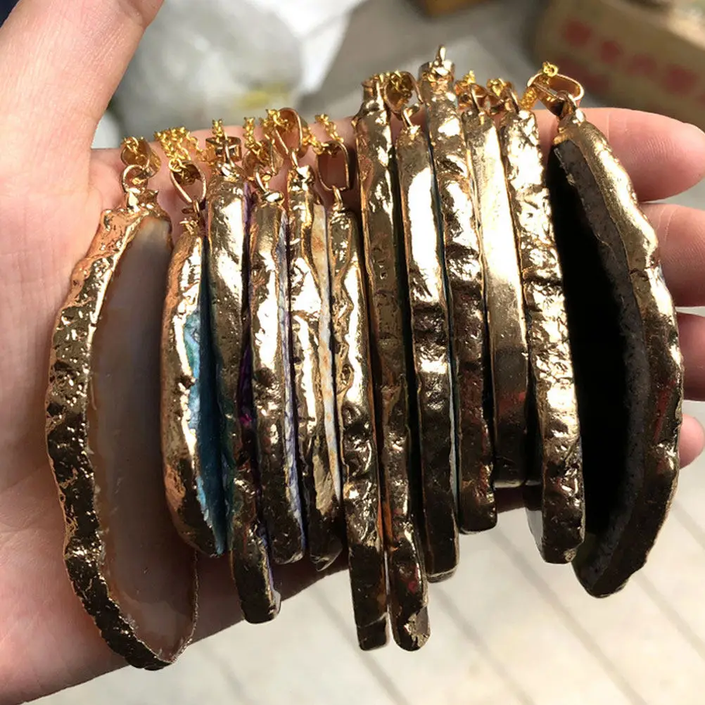 3Pcs Pack Agate Slice Pendants Natural Stone DIY Charms with Metallic Plated Edge Perfect for Necklace Making Bracelet Dangle
