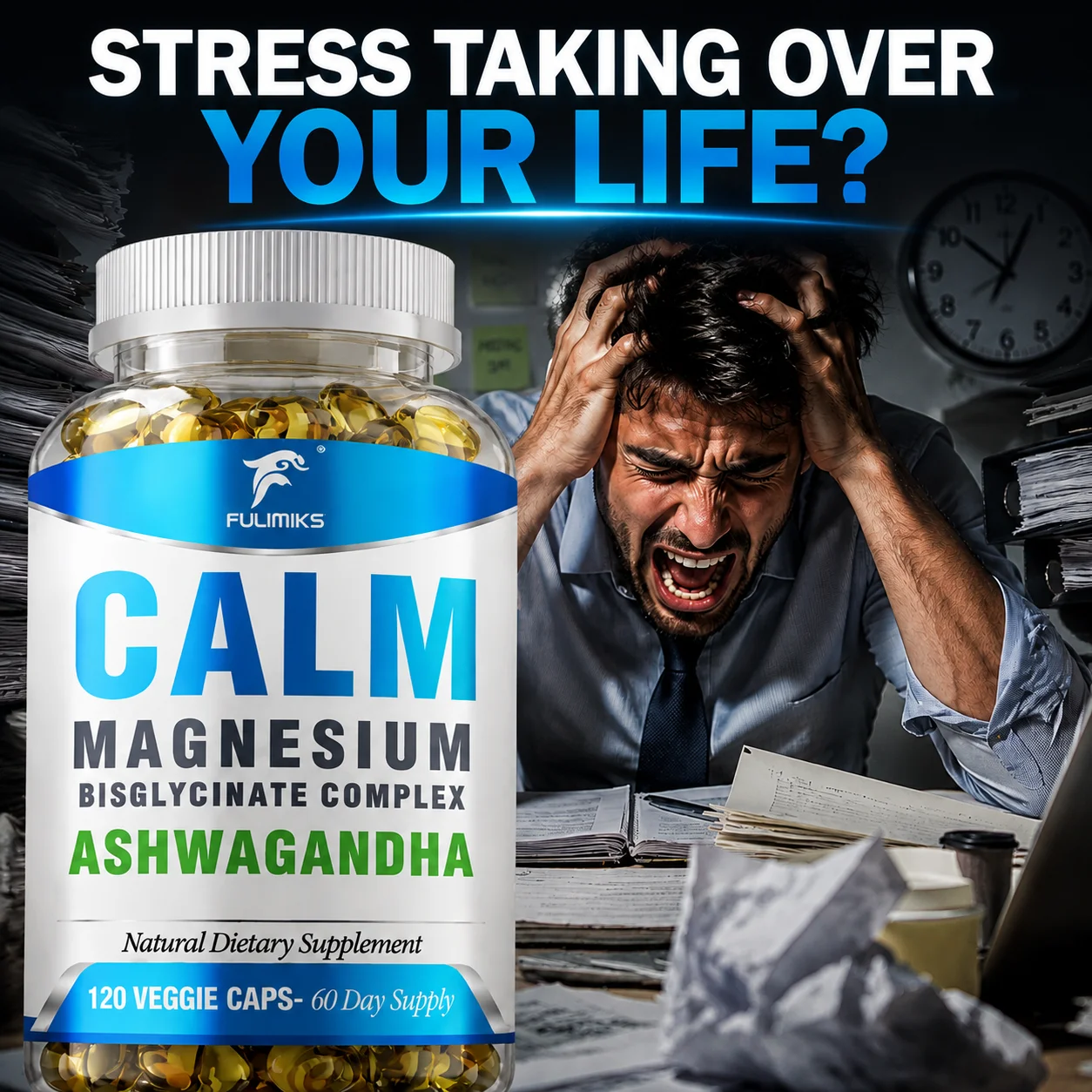 Calm Magnesium Bisglycinate & Ashwagandha Supplement, Stress Relief, Emotional Well‑Being, Mind & Body Relaxation, Support Sleep