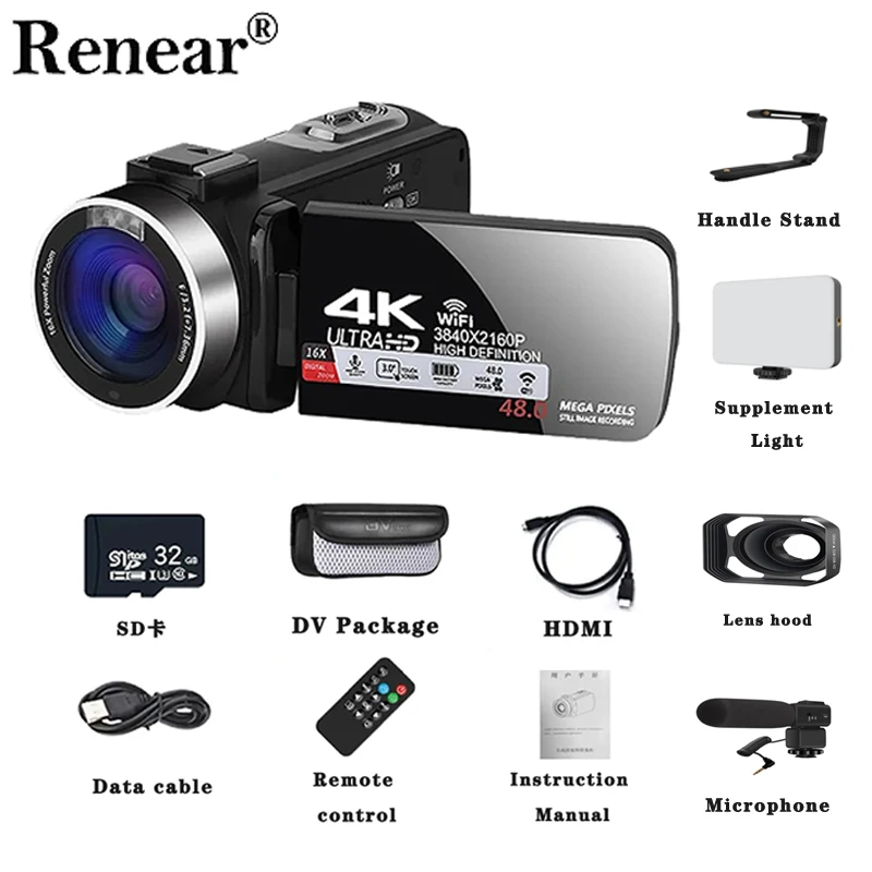 كاميرا رقمية 4K فيديو واي فاي كاميرا فيديو للتصوير الفوتوغرافي 16X تكبير 48 ميجابكسل HD لمجموعة يوتيوب البث المباشر Ins Vlog Shoot