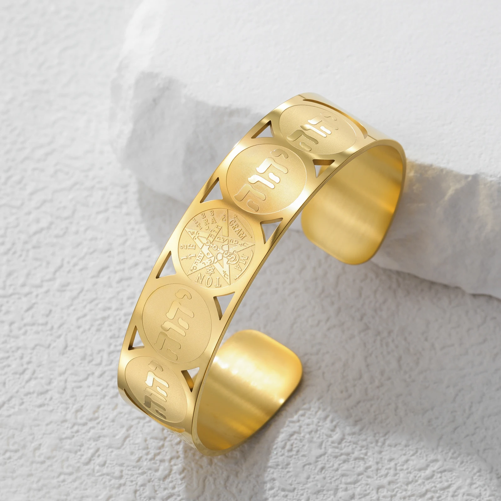 Jewish Tetragrammaton Seal of Solomon Hebrew Scripture Open Cuff Bracelet Stainless Steel Amulet Protection Bangle For Men Women