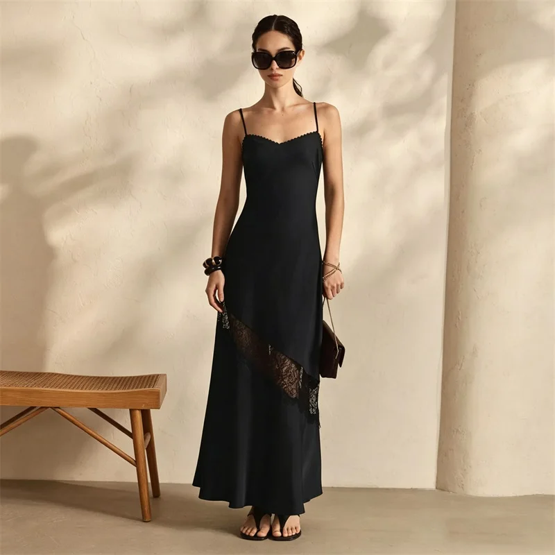 

Summer Black Lace Prom Dress Sexy Stripe Sleeveless Sheath Long Party Gown Formal Wedding Guest Birthday Evening Robe