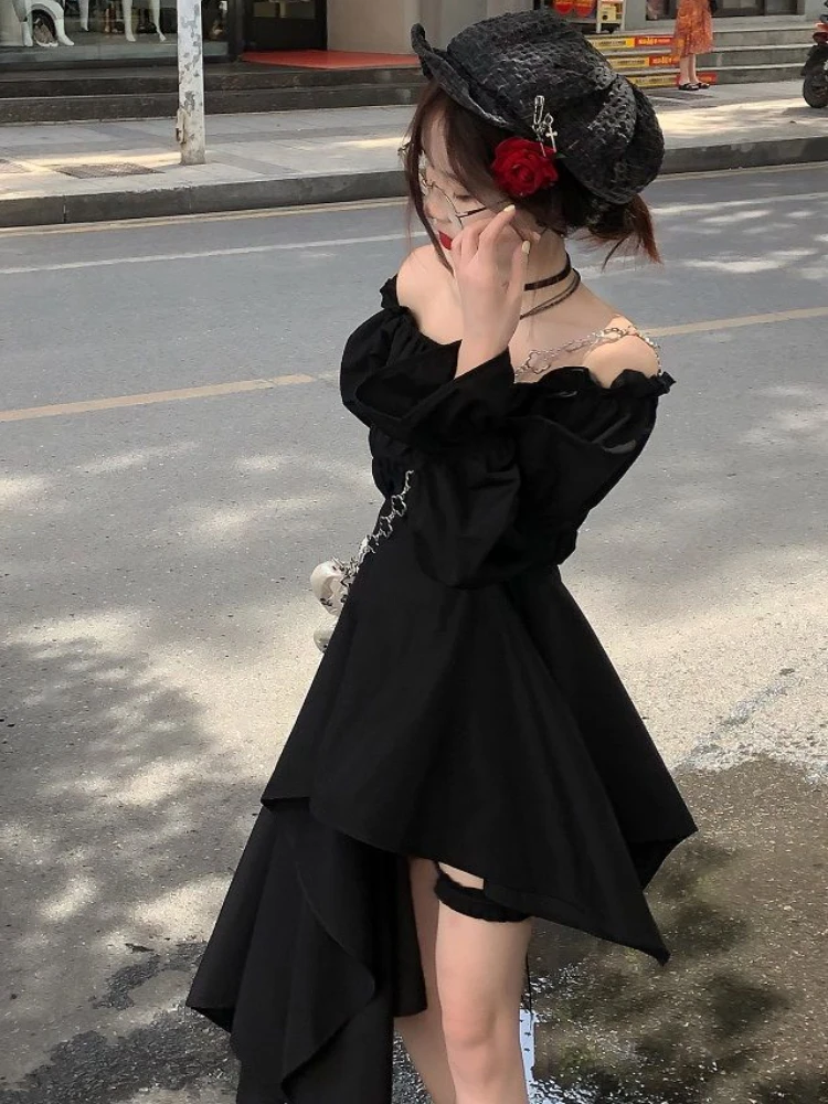 Slash Neck Dresses Women Mini Sweet Irregular Solid Princess Fashion Tender Ulzzang Chic College Girlish Personality Vestidos