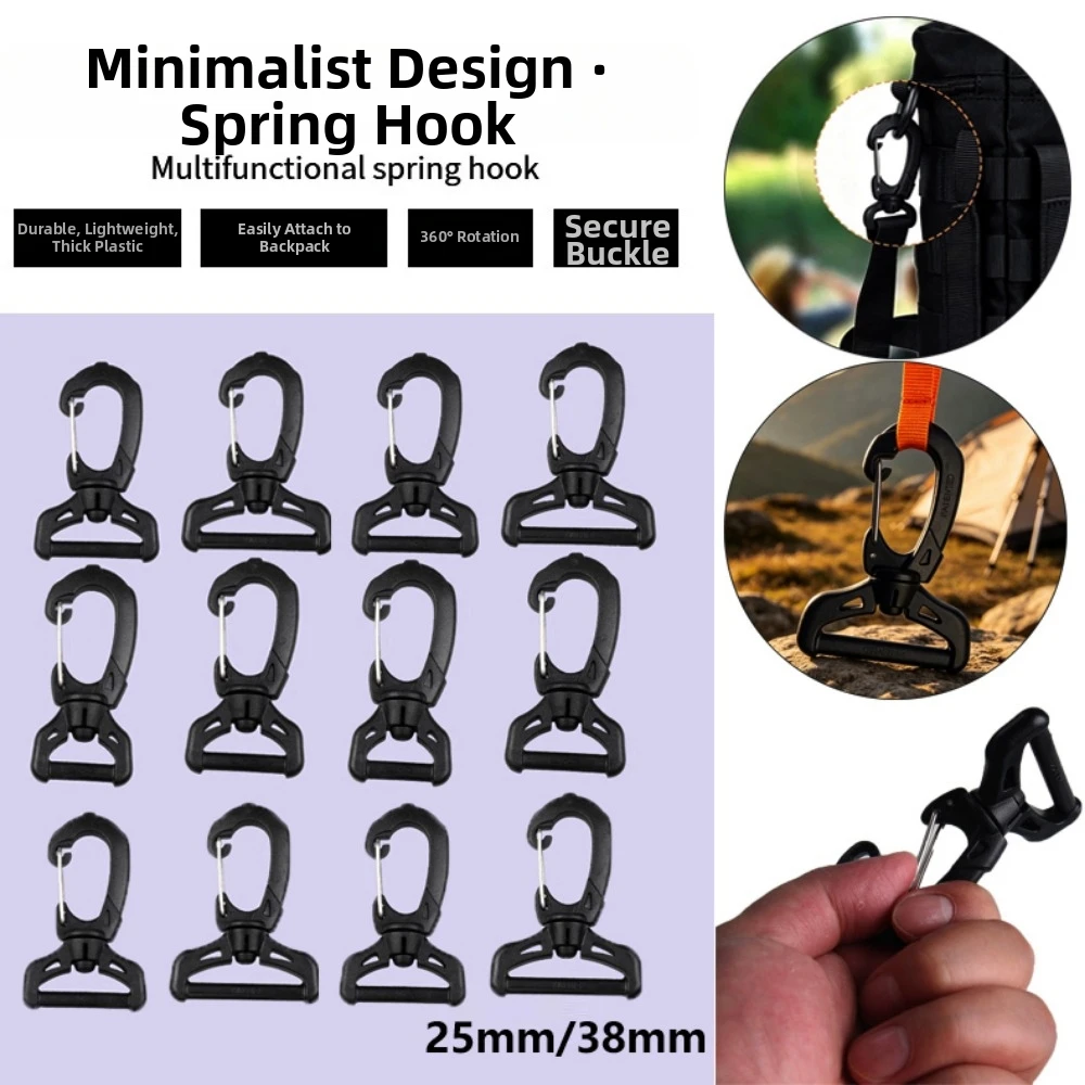 High Quality Black Camping Hiking Keychain 25mm/38mm Plastic Spring Rotating Hook Buckles Backpack Accessories Outdoor Tool