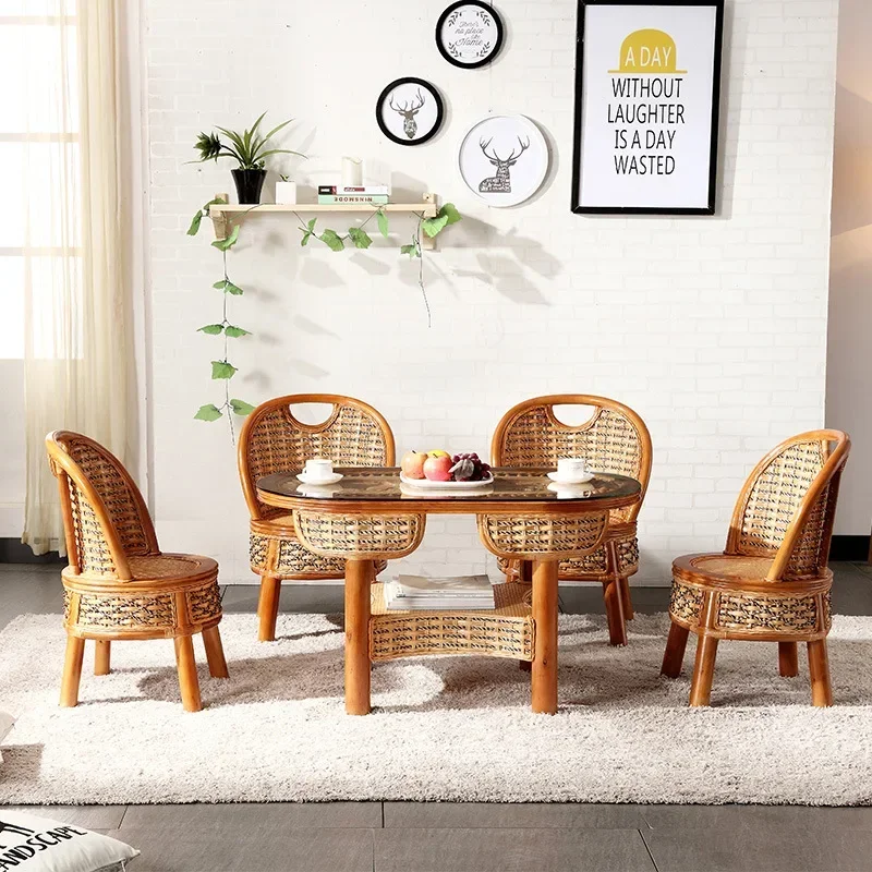 HHRattan Chair Three-piece Set Table And Chair Combination Coffeecasual Bamboo Balcony Single Backrest Living Room Five-piece Se