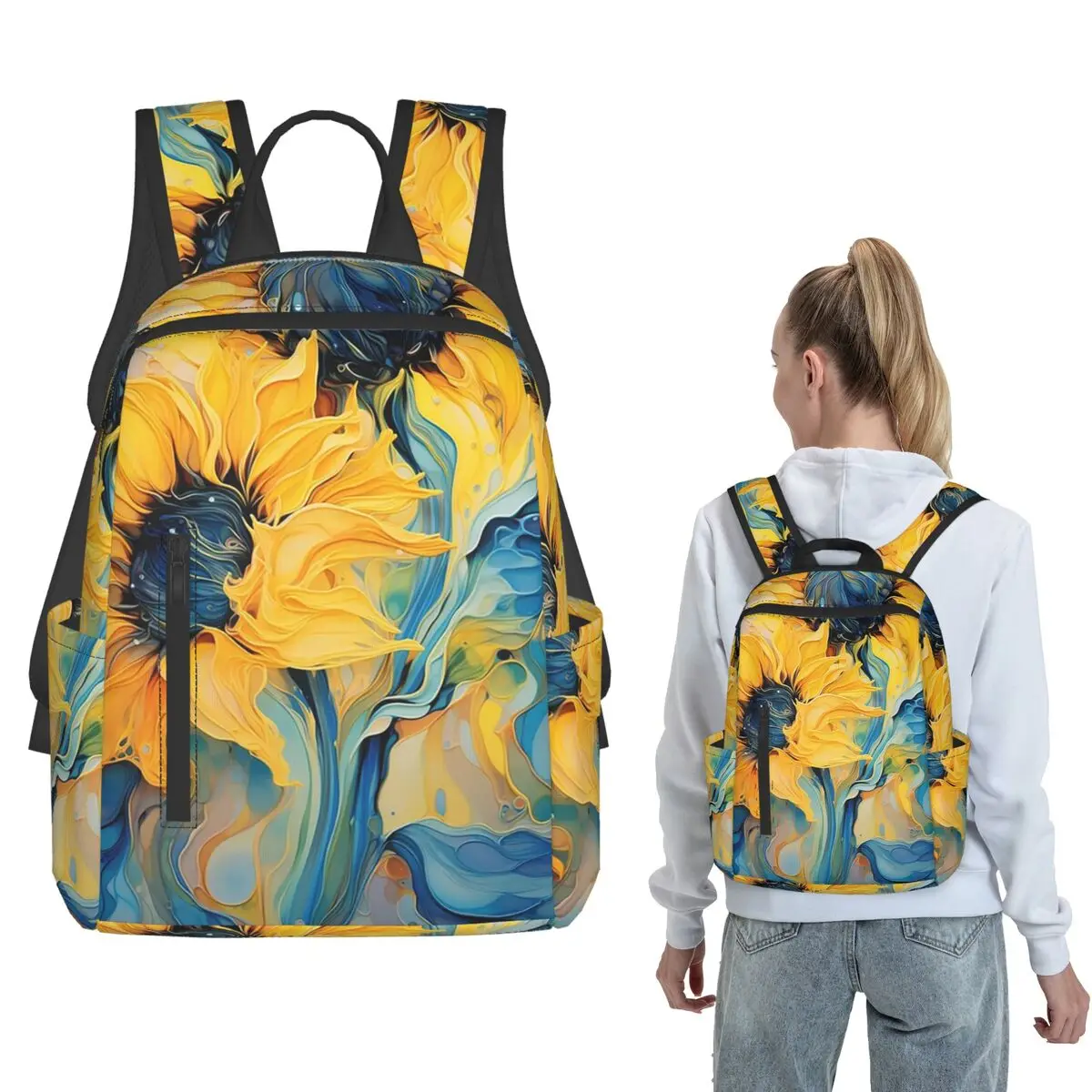Vibrant Blue And Yellow Sunflower Backpack Daypack Boys Girls BookBag School Bag Shoulder Bags for Men Women