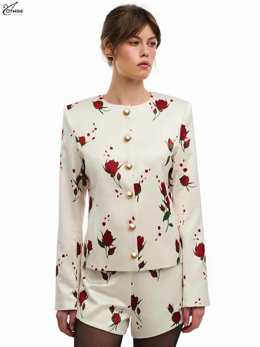 

Oymimi Elegant Beige Print Two Piece Outfits Woman Fashion O-Neck Long Sleeve Single Breasted Shirts And High Waist Shorts Sets