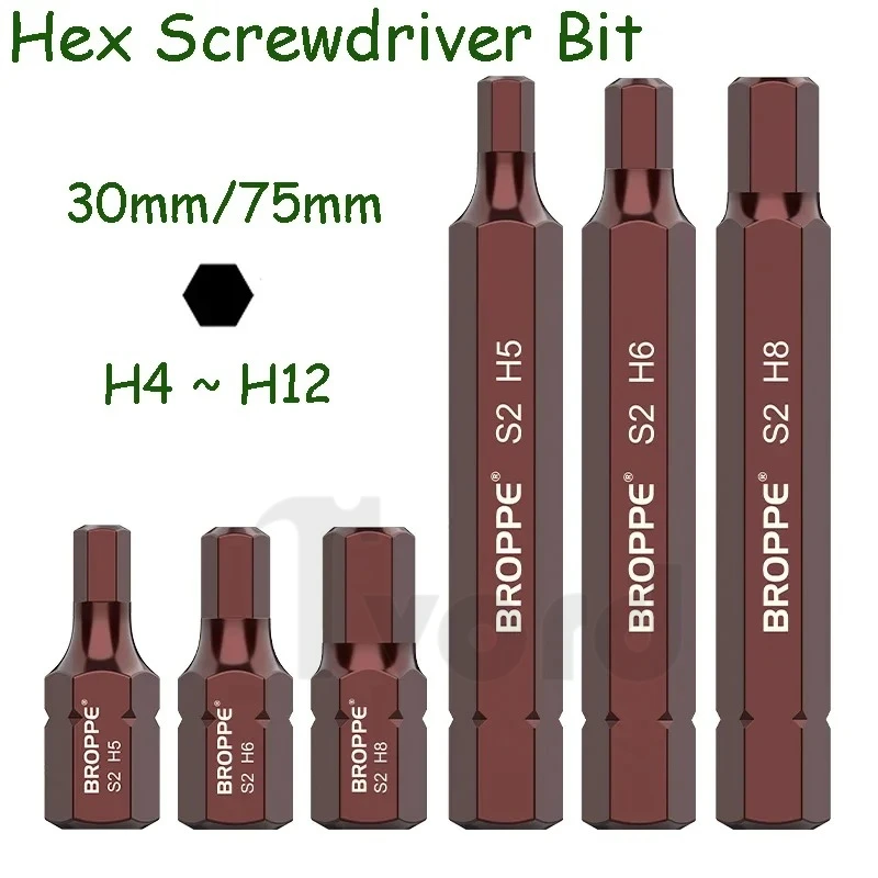 Hex Screwdriver Bit 10mm Hex Shank Magnetic 30mm 75mm Length Allen Wrench Screw Driver Bits Tools S2 Steel H4/5/6/7/8/10/12