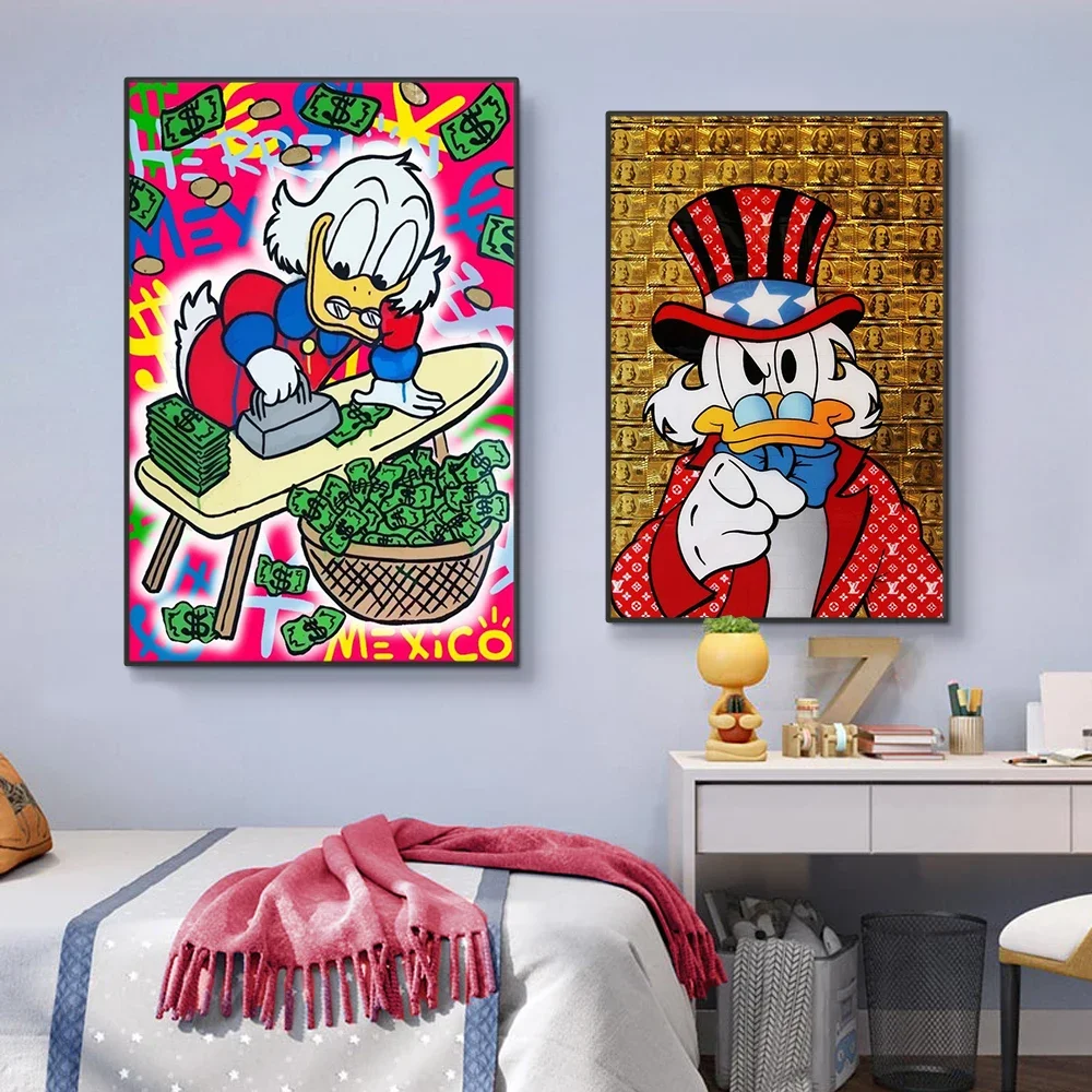 Disney Donald Duck B Bitcoin Money Art Canvas Painting Funny Color Graffiti Wall Poster Prints Living Room Home Pictures Decor