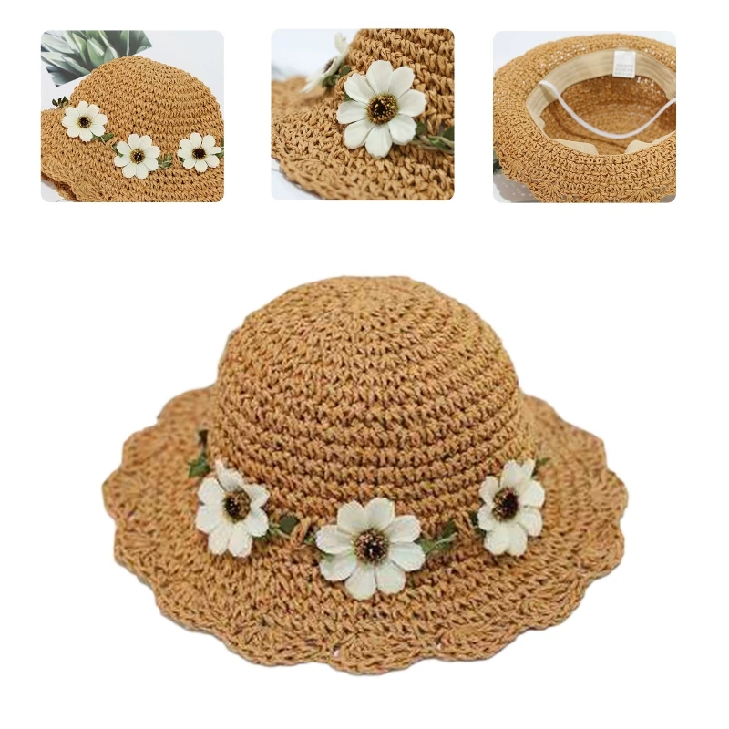 All-match Summer for Sun Hat Children Flower Crochet Straw Hat Sunshade Fisherman Hat for Outdoor School Camping image 4