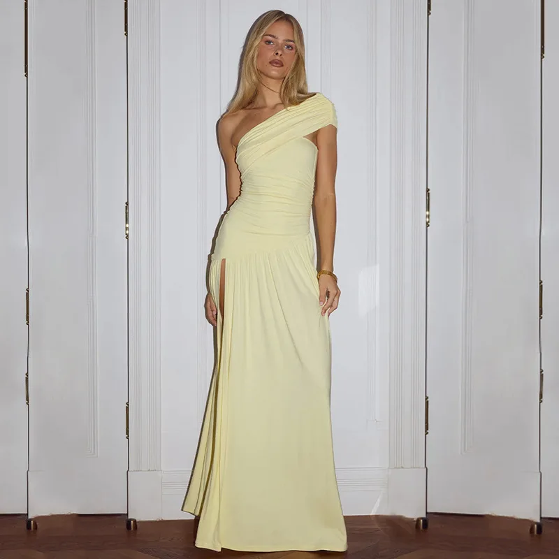 Zeyla Vestido largo sexy con un hombro fruncido para mujer, color amarillo liso, con abertura larga, elegante vestido de fiesta de noche de verano