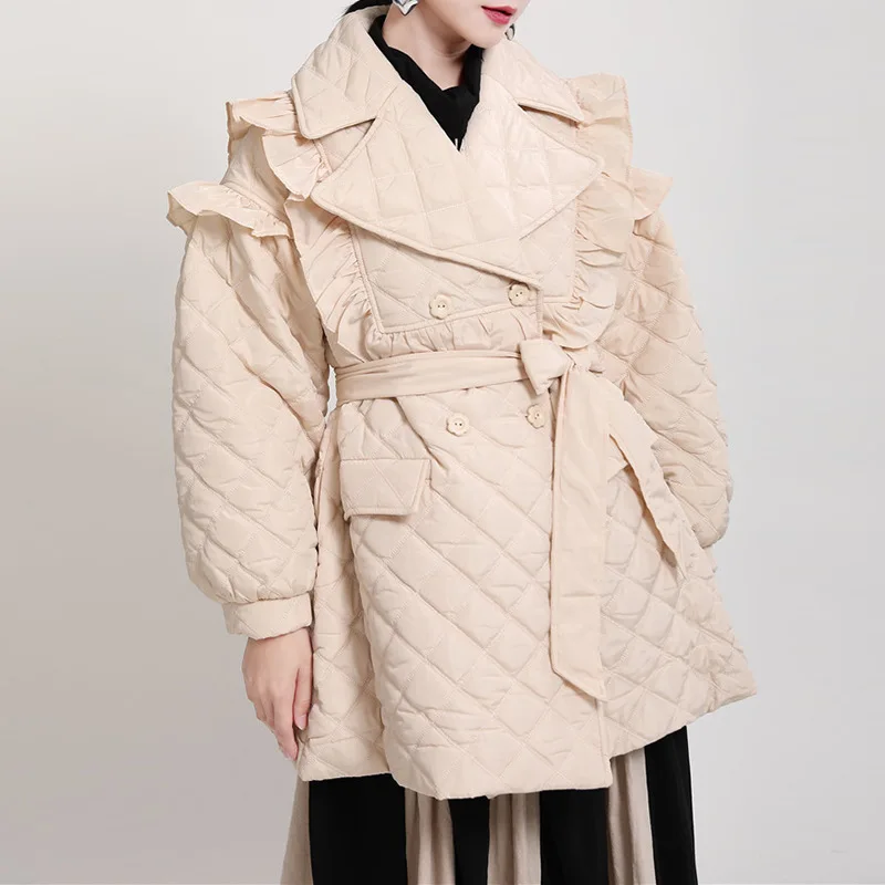 Johnature 2024 Winter New Ruffles Bandage Women Parkas Fashion Streetwear Loose Turn-down Collar Female Coats