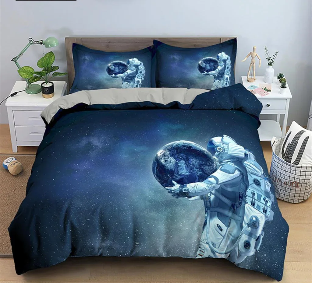 Astronaut Duvet Cover Set Spaceman Pattern Bedding Set for Boys Girl Microfiber Bedclothes Twin King Size 3pcs Comforter Cover