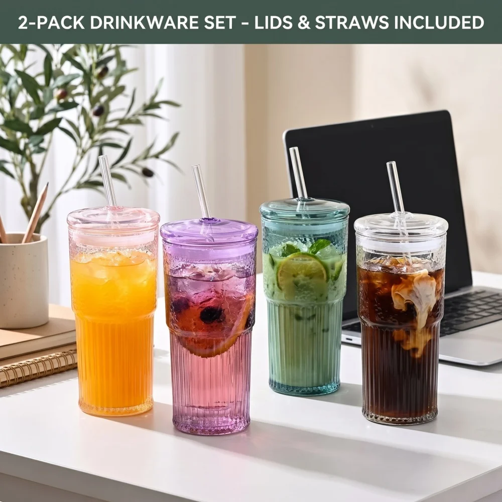 2-Pack Aesthetic Glass Tumbler with Straw & Lid, Safe Material, 4-Color Ice Coffee Cup for BBQ & Party