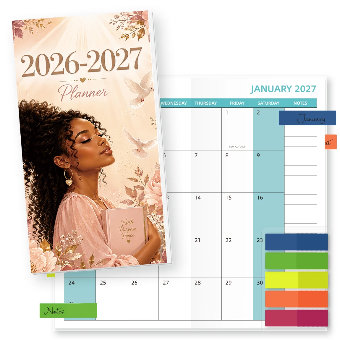 1PC A6 Monthly Planner Notebook, Peach Dove Design, 2026-2027 Calendar with Stickers or Index Tabs, for School, Office & Home