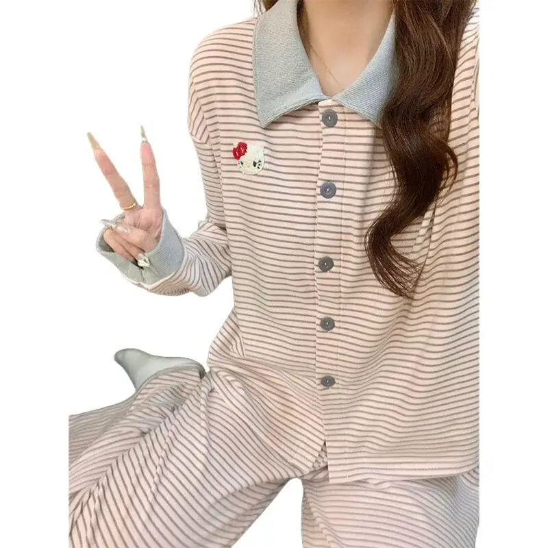 

Sanrios Hello Kittys Pajamas Cute Creative Stripes Cartoon Hot Sale Home Clothes Casual Girls Fashion Thickened Suit Comfortable