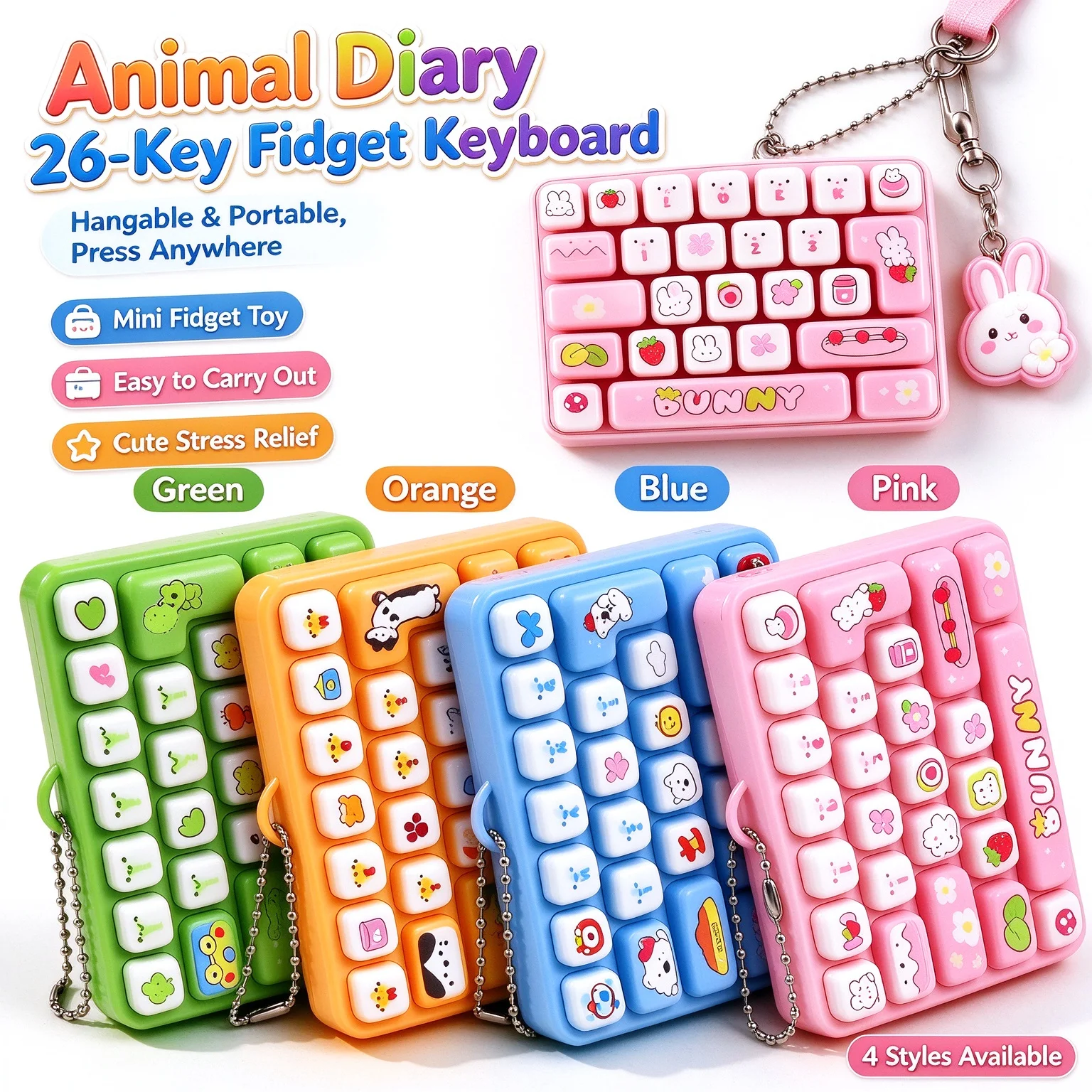Mini 26-key Mini Key Caps Clicker Fidget Toys Animal Keyboard Keyrings Button Stress Relief Toy Bag Charms Gift 26 키캡 키링