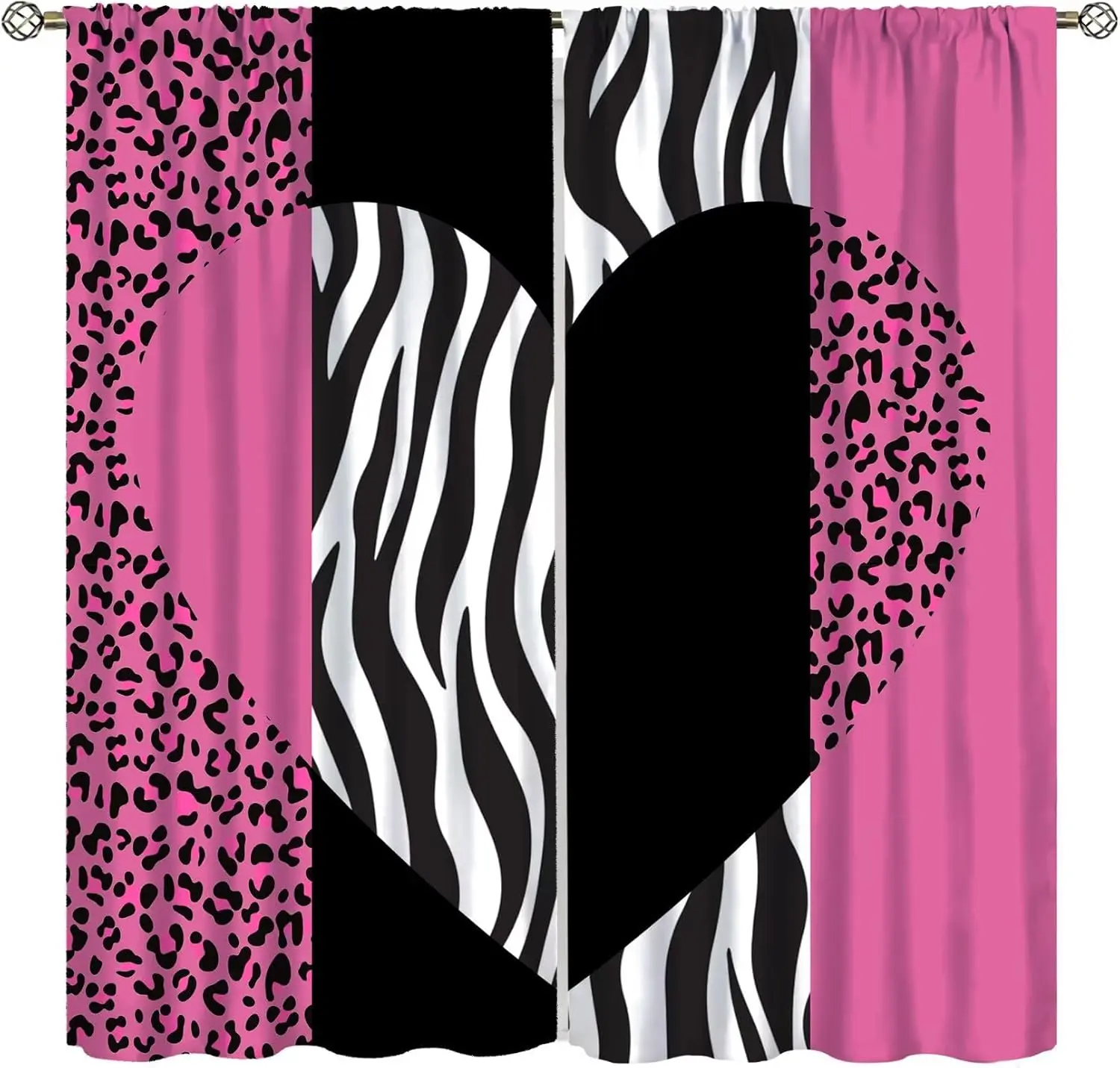 Art Wild Animal Skin Curtain，Valentine's Day Romance Pink Love Heart Watercolor Leopard Zebra Print Decor Rod Pocket Window