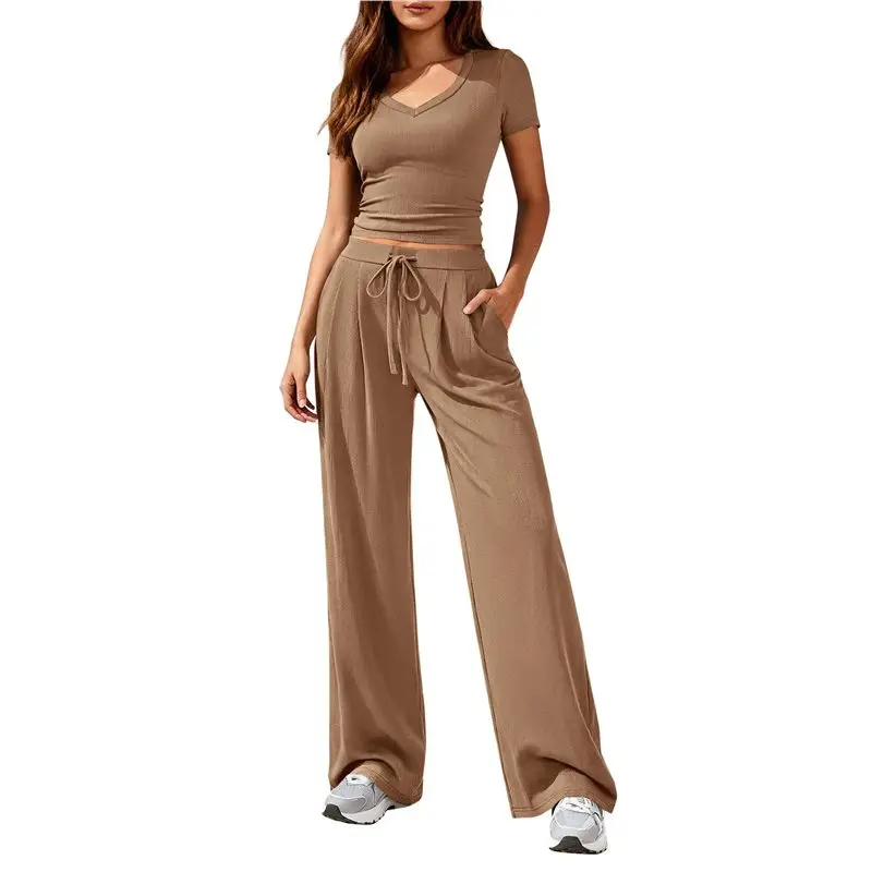 

CYL-2 Piece Sets For Women Summer Spring Lounge Set Matching V Neck Tops Wide Leg Pants Travel Outfits