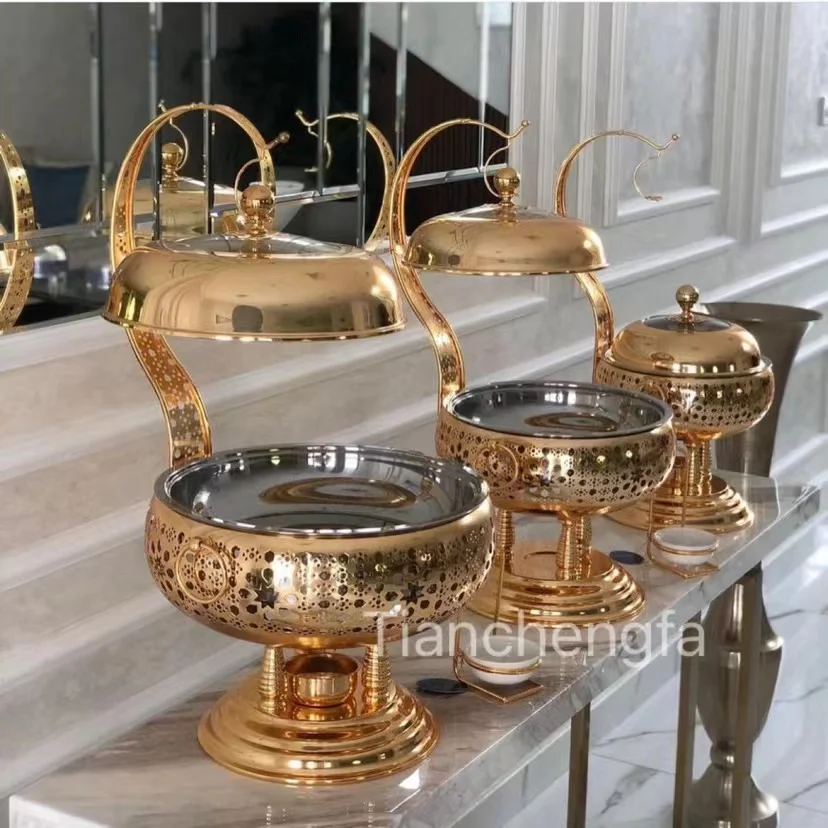 Luxury Gold Round Hanging Chafing Dishes Hotel Wedding Buffet Equipment Dishes for Catering Restaurant Heating Food Warmer