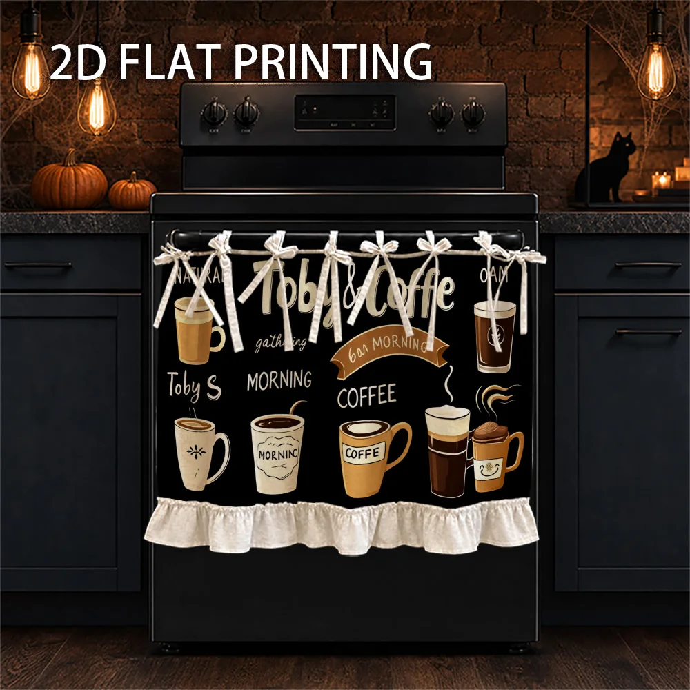 1PC kitchen stove curtain, cabinet curtain and apron. Designed with 2D graphic prints, the pattern includes coffee mugs and morn