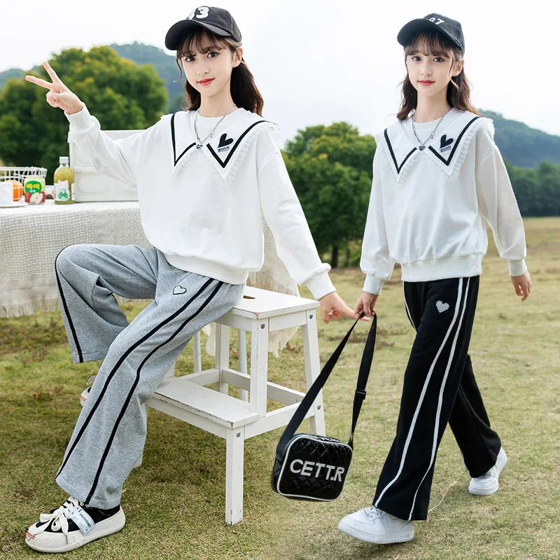 

Корейский весенне-осенний костюм для девочек-подростков из 2 предметов, рубашки с длинными рукавами и лацканами + комплекты брюк в полоску для девочек, комплект из 2 предметов