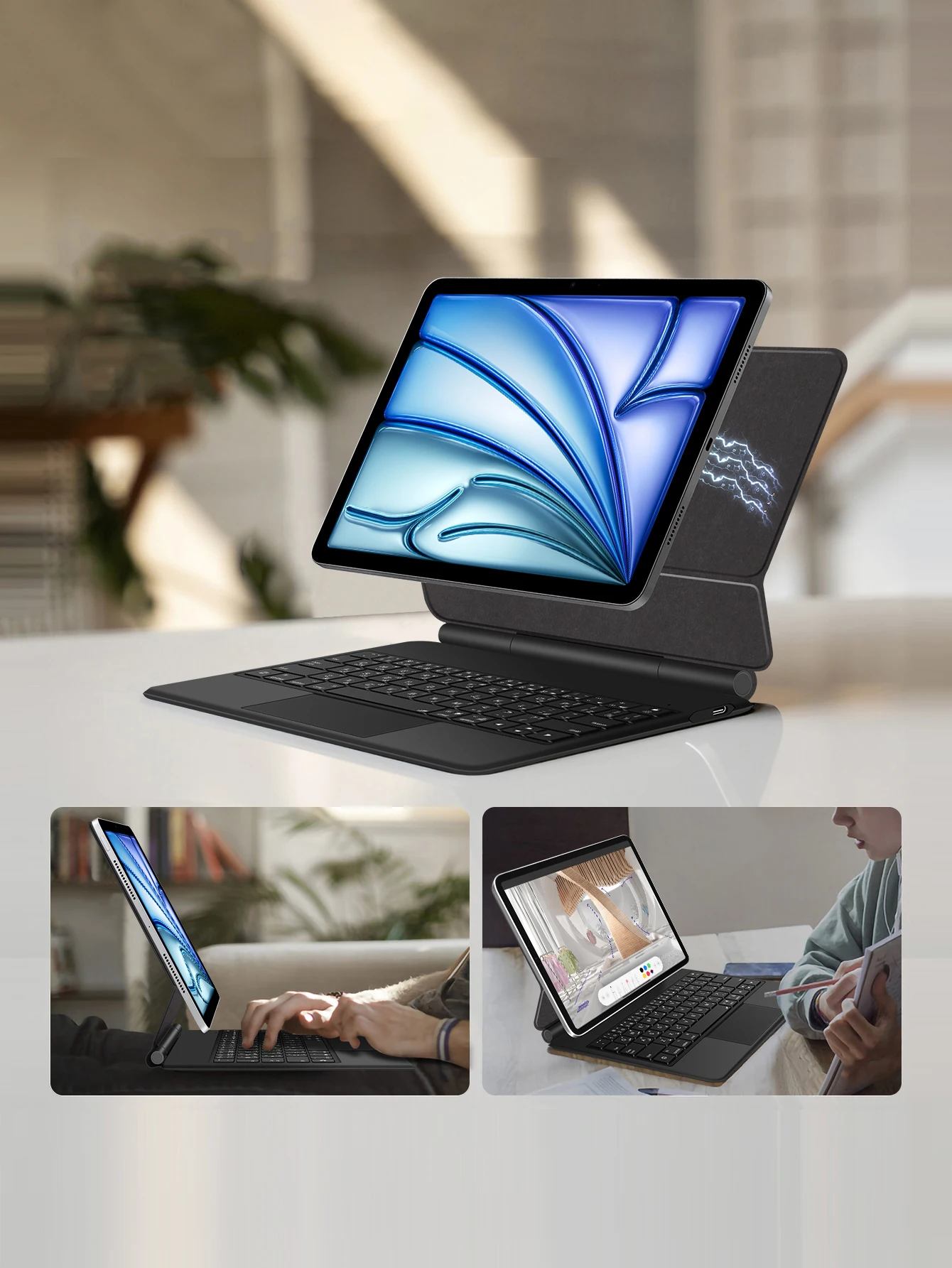 حافظة لوحة المفاتيح السحرية من Pogo Pin لجهاز iPad Air 11/13 بوصة 10.9 M3 M2 M4 Pro 12.9 6/5/4/3 لوحات مفاتيح لأجهزة الإنجليزية والعربية العربية