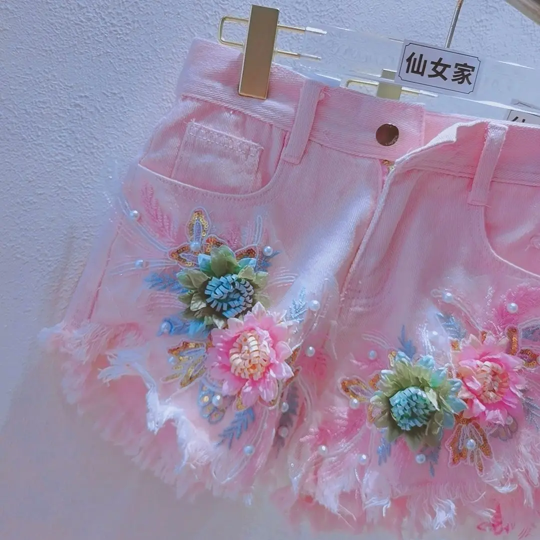 Heavy Industry Beading 3d Flower Patchwork Tassel Ripped Jeans Summer New Sweet Cool Girl Hip-hugging Denim Shorts Y2k Shorts