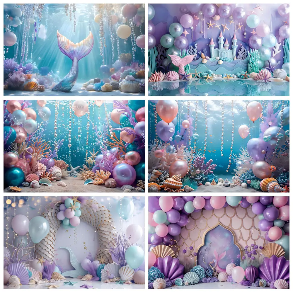 Tło fotograficzne z motywem syreny, podwodny świat, tło do zdjęć, zamek, balony, baby shower, dekoracje na przyjęcie urodzinowe dla dziewczynek, księżniczek.