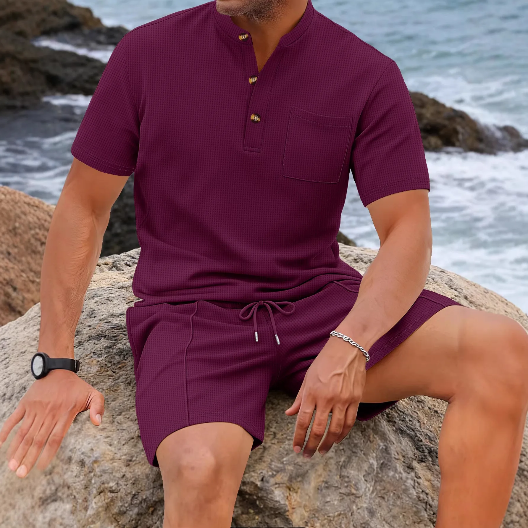 New men's waffle knit two-piece set - summer Henry collar, short sleeves and drawstring pants - casual breathable beachwear