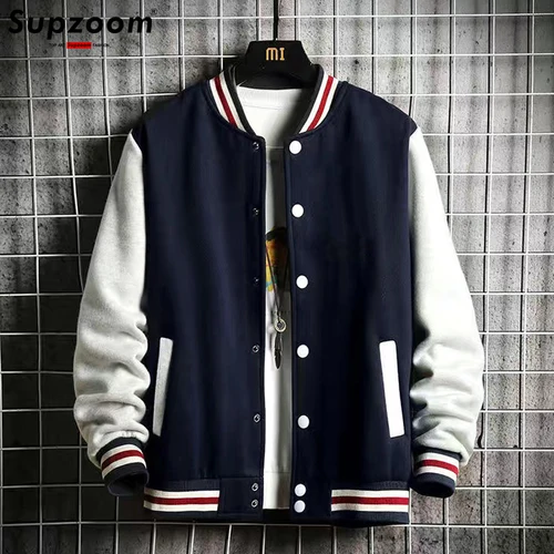 Supzoom, recién llegado, moda, uniforme de béisbol informal de lana, algodón empalmado, manga acanalada Regular, ropa de marca, chaqueta Bomber para hombres