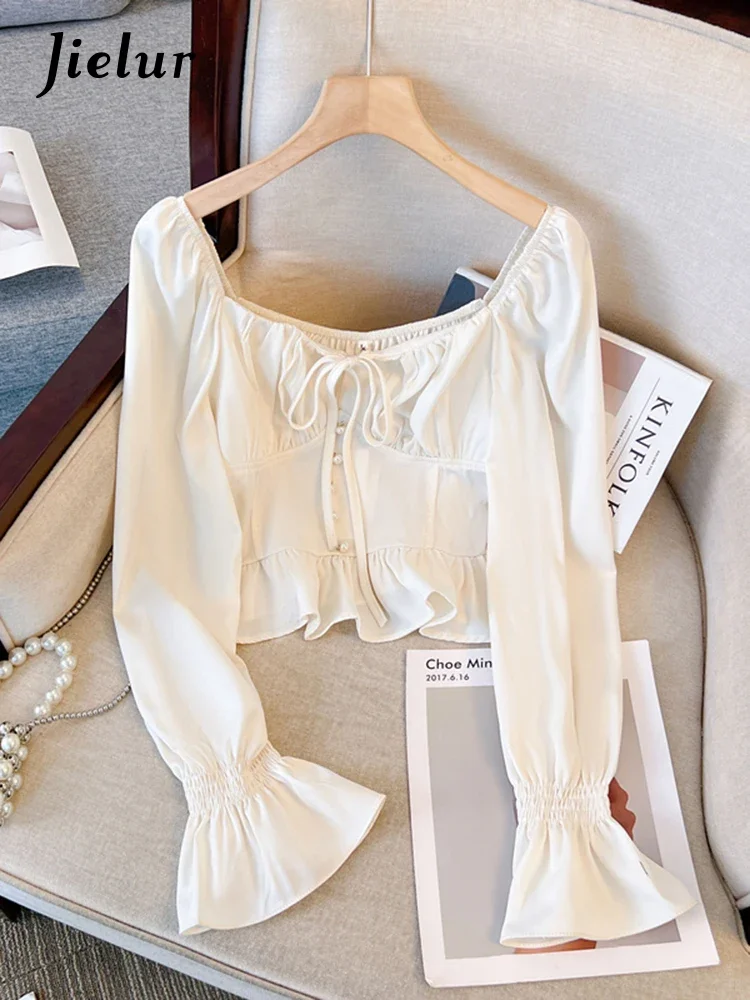 Jielur Summer New French Solid Color Women Blouse Sweet Elegant Slim Waist Blouse Woman Beige White Pink Slim Long-Sleeved Top