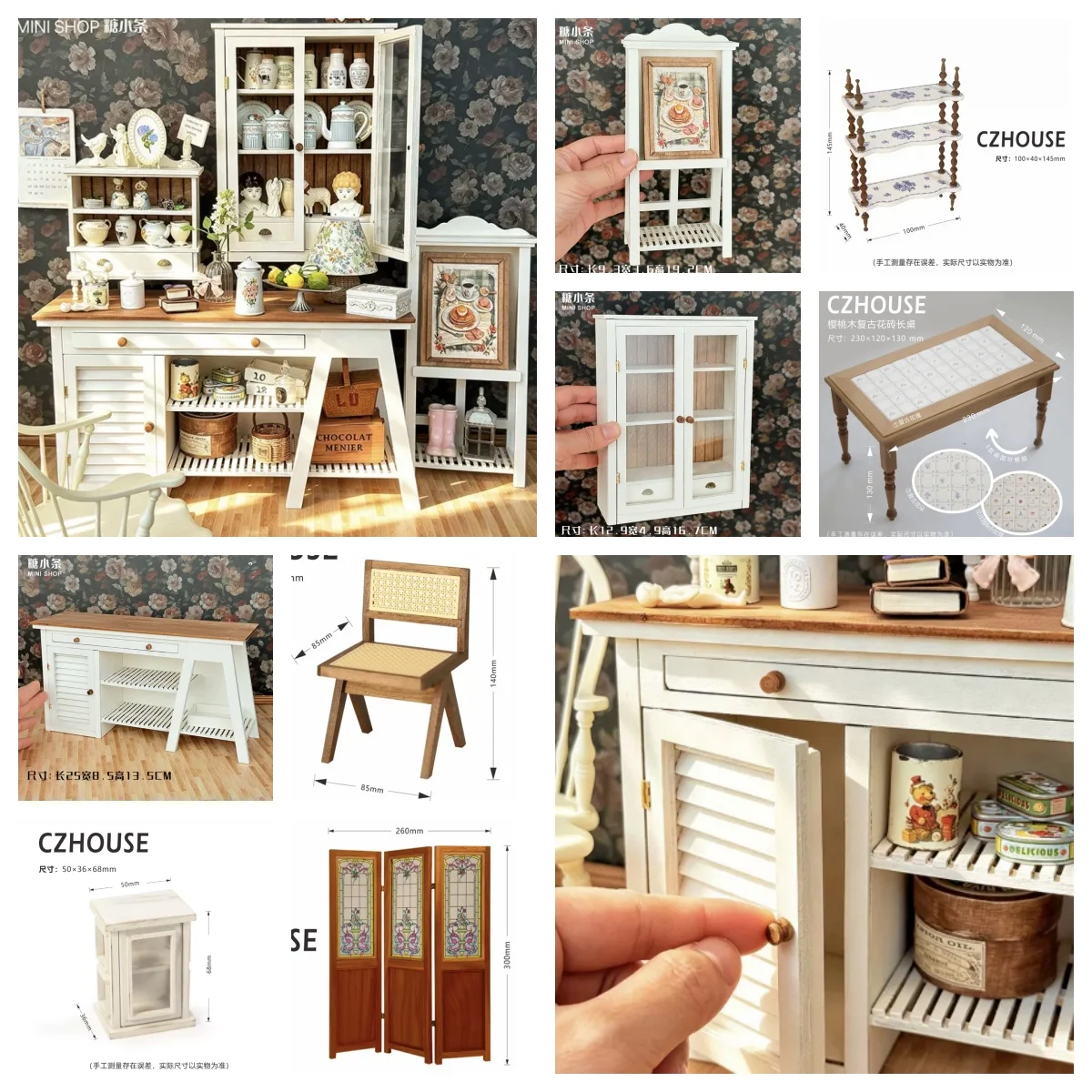 

1/6 BJD Furniture DIY Kit: Walnut Side Table, Screen Divider & Leather Sofa - Vintage Dollhouse Decor for 45cm Tall Room Display
