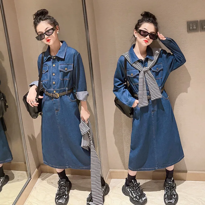 

Girls Denim Dress Autumn Long Sleeve Fashion Blue Princess Dress for Kids Casual Teen Chidlren Clothes 12 13 Years with Shawls