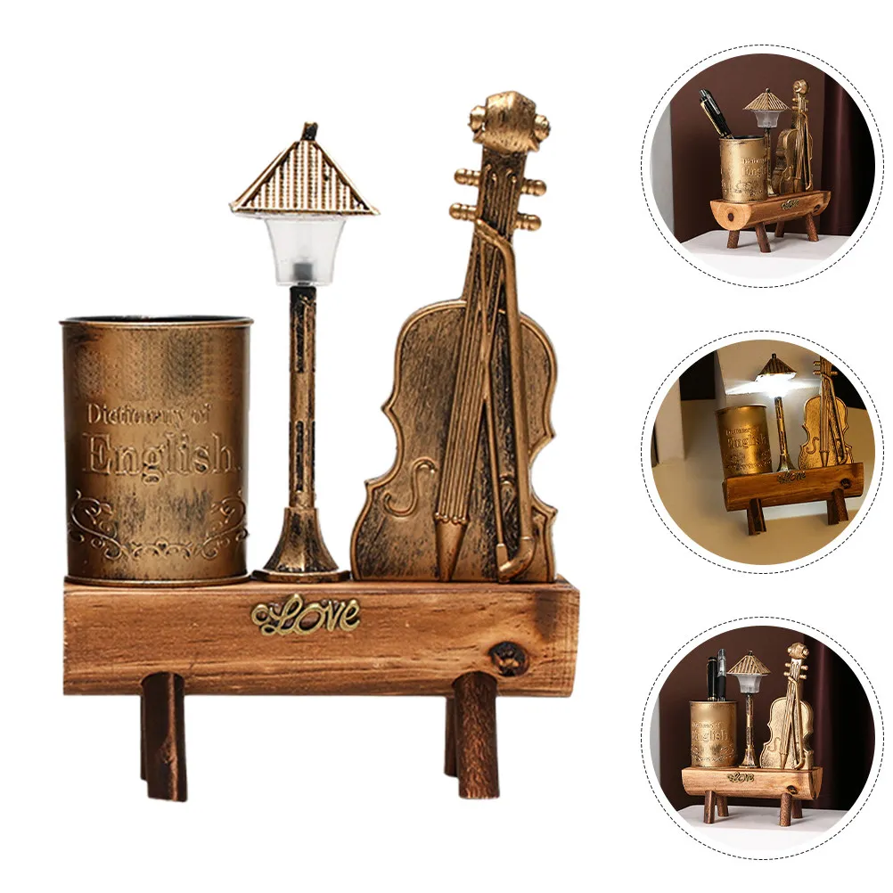 Wooden Plastic Violin Pen Holder Night Lamp Desk Organizer Decorative Tabletop Light for Bedroom Living Room Study Home Office