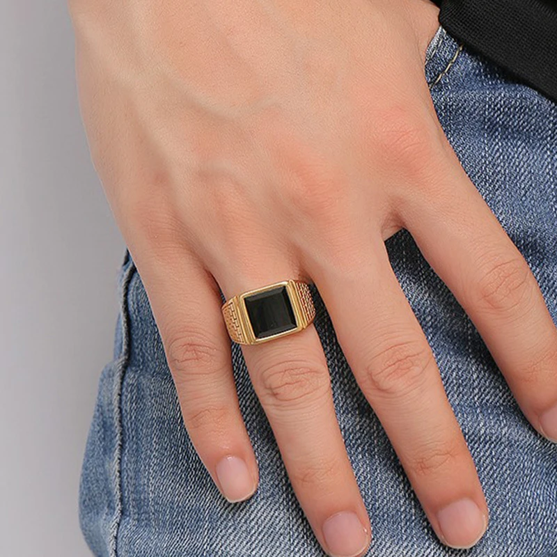 Vintage Square Gold Color Ring For Men Black Stone Stainless Steel Male Jewelry Big Size 7 To Size 13Amazing Price