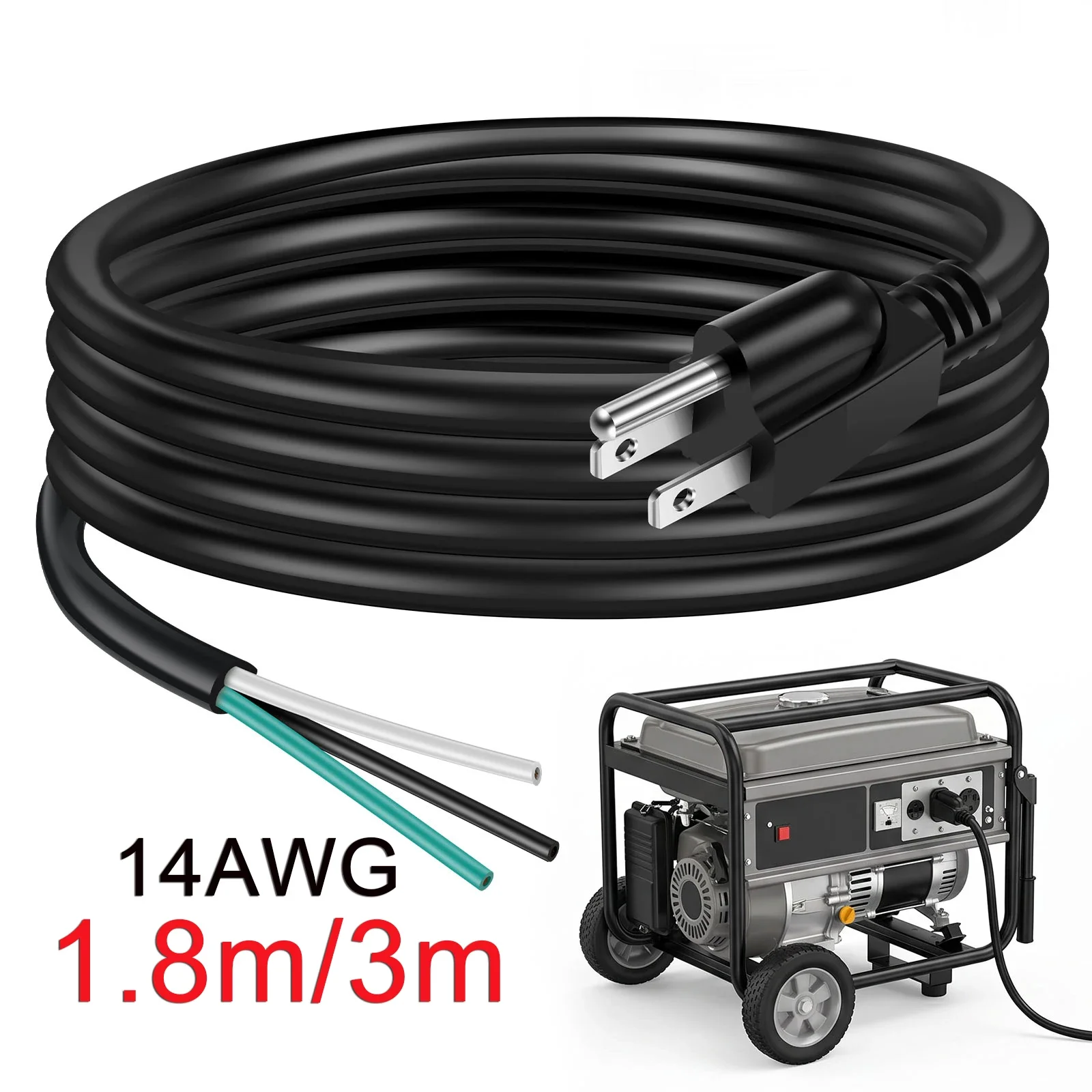 14AWG Power Cord Replacement 15A 125V ETL Certified 3 Prong Grounded Plug with Pre-Stripped End Heavy Duty SJTW 105C Wire for AC