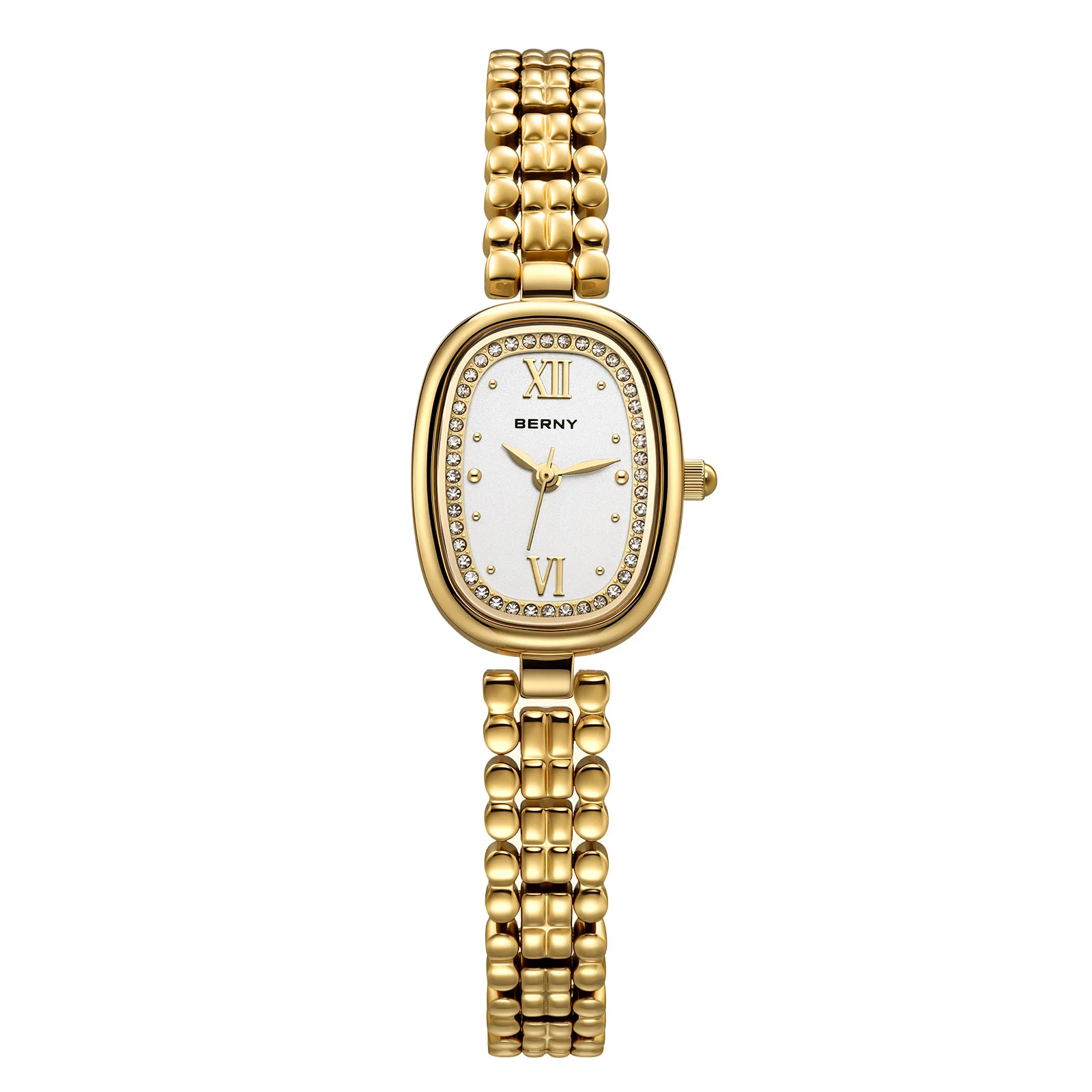 BERNY Golden Women's Watches Luxury Elegant Oval Ladies Quartz Watch Slim Fashion Casual Stainless Steel Girls Dress Wristwatch