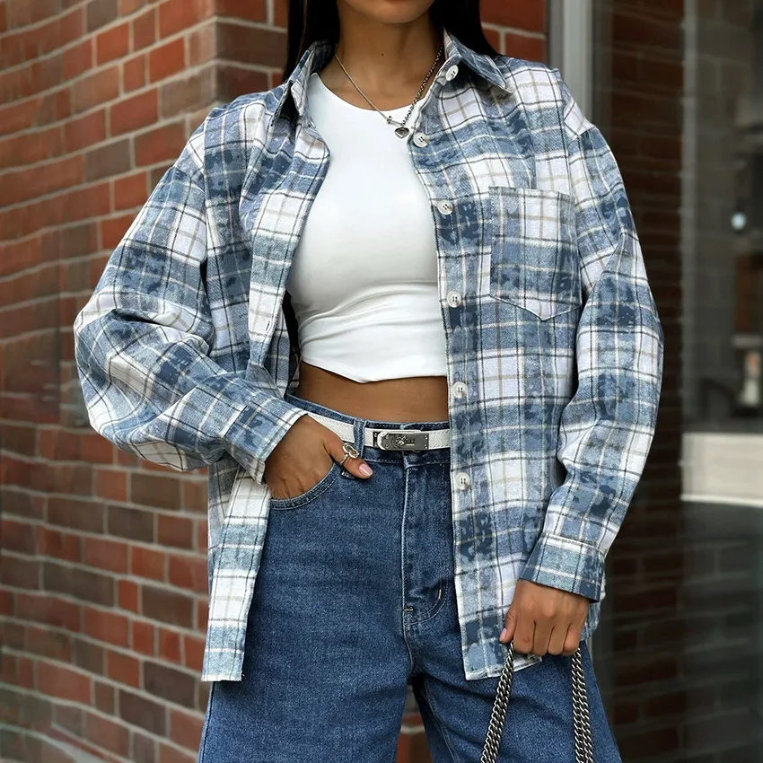 

Fleece Plaid Shirts Street Chic Long Sleeve Shirt Office Lady Woman Blouse Casual Turn Down Collar Check Top 2026 Spring Summer