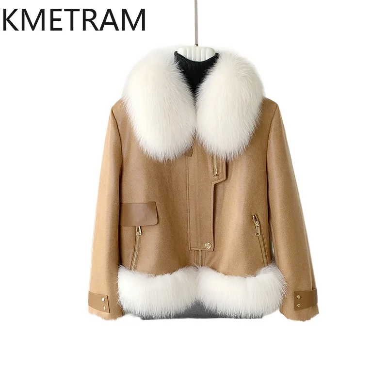 KMETRAM 100% フォックスファーカラー付き割引ファーコート（女性用）-日常着に最適-耐久性があり、スリム効果あり-2025年冬 шуба женская