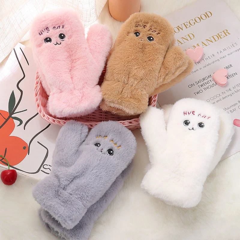 

Cat Claw Cute Plush Gloves Winter Thickened Velvet Warm Full Finger Gloves Even Fingers Gloves Kawaii Girl Mittens Cold-proof