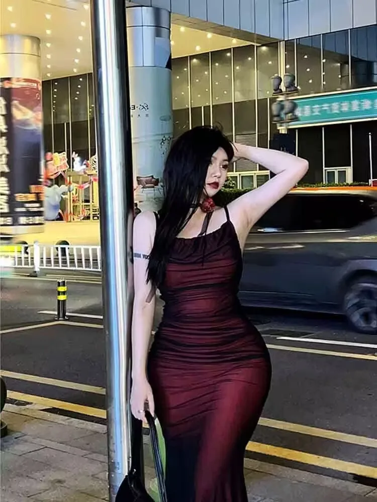 Sexy Luxury Woman Evening Dress Red Mesh Gothic Elegant Party Bodycon Dresses Maxi Dress Chic Female Night Club Outfits