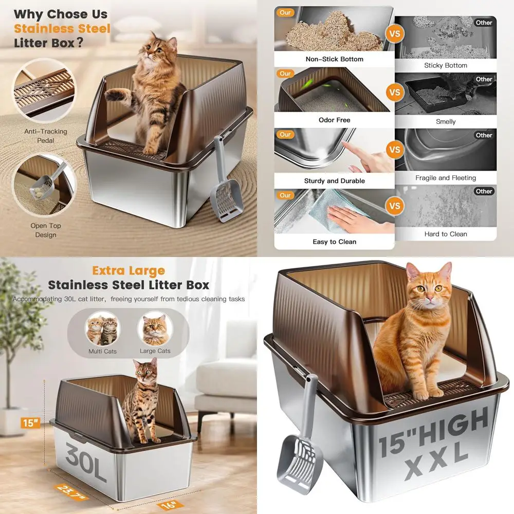 

Extra Large XL Stainless Steel Cat Litter Box Enclosure with High Sides and Lid, Translucent Brown, XXL Size